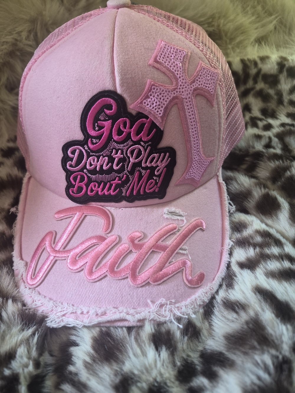 Pink Faith Trucker Hat with Cross & Script Patches
